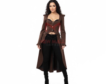 New Mall Women’s Brown Steampunk Tailcoat Jacket | Victorian Gothic Long Coat with Ruffle Cuffs