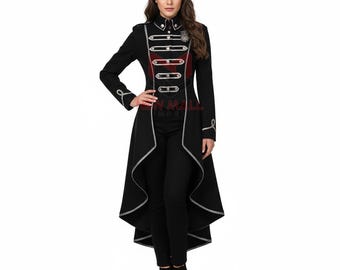 New Mall Women’s Gothic Steampunk Tailcoat Jacket – Victorian Military Style Long Black Coat