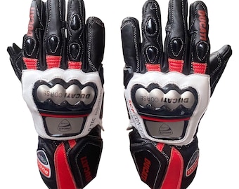 Ducati Corse Motorbike Racing Leather Gloves Black Red White | Protective Motorcycle Biker Gear | Premium Racing Gloves