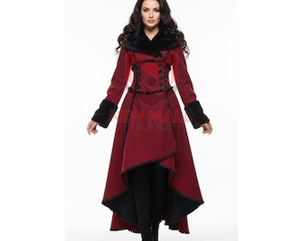 May include: A long, burgundy coat with black faux fur trim on the collar and cuffs. The coat features a fitted bodice with decorative black trim and a flared skirt. The text "NEW MAL IMPEX" is visible on the coat.