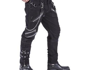 New Mall cybergoth-broek voor heren – industriële punkbroek met kettingen, ritsen en D-ringen