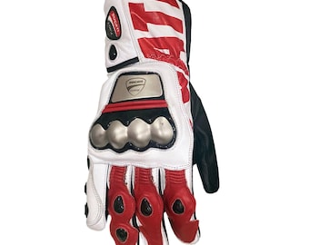 Ducati Corse Racing Leather Motorcycle Gloves Red White Black | GP Style Protective Biker Gloves