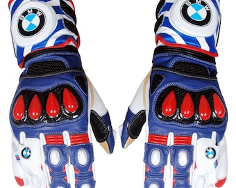 Motorcycle Racing Gloves Premium Leather Blue Red White Protective Gauntlet