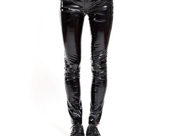 Pantalones pitillo negros de PVC, pantalones de vinilo efecto mojado, ropa de club gótica