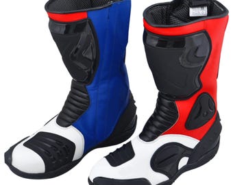 Nowe skórzane buty motocyklowe do wyścigów w kolorze czerwono-niebiesko-białym | Ochronne buty motocyklowe