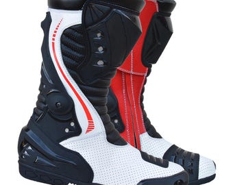 Męskie, biało-czerwono-czarne, skórzane buty motocyklowe | Wodoodporne, ochronne buty motocyklowe