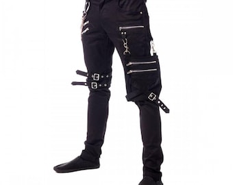Men Gothic Black Bondage Pants with Chains & Zippers – Slim Fit Punk Industrial Trousers