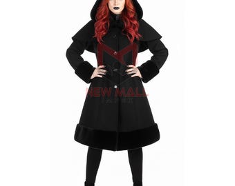 New Mall Women’s Gothic Hooded Coat Black – Faux Fur Hem Winter Long Coat