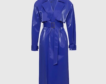 Glossy Blue PVC Trench Coat – Waterproof Vinyl Raincoat, All Sizes