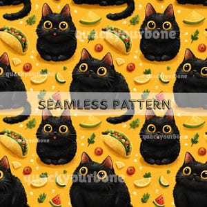 Cat With Taco Seamless Pattern - Animal Food Repeat Tile for Fabric Print, Wrapping Paper, Packaging and DIY Craft (Digital Downloads）