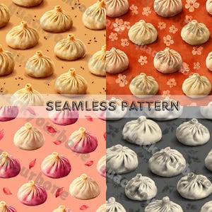 Può includere: Un design a motivo continuo con ravioli in vari colori e disposizioni. L'immagine include il testo "SEAMLESS PATTERN" al centro. I ravioli sono raffigurati in tonalità beige, rosa e bianco, su sfondi arancioni, rossi e grigi.