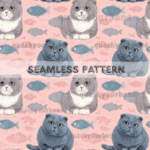 May include: Seamless pattern featuring illustrations of gray and blue Scottish Fold cats and blue fish on a pink background. The words "SEAMLESS PATTERN" are displayed in the center of the image. The design is repeated across the surface.