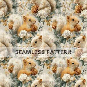 May include: Seamless pattern featuring squirrels, pinecones, and floral elements in a repeating design. The squirrels are depicted in shades of brown and white, holding pinecones. The background includes white flowers and green foliage. The text "SEAMLESS PATTERN" is across the image.