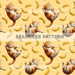 May include: Seamless pattern featuring cartoon cats and bananas on a yellow background. The cats are orange and white, in various playful poses. Bananas are scattered throughout. The text "SEAMLESS PATTERN" is in the center.