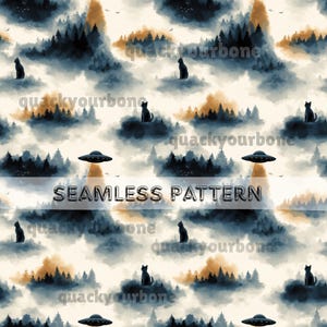 May include: Seamless pattern featuring a whimsical forest scene with black cats, UFOs, and stylized trees. The design incorporates a palette of blue, gold, and cream colors, with the text "SEAMLESS PATTERN" across the center. The overall theme is a blend of fantasy and nature.