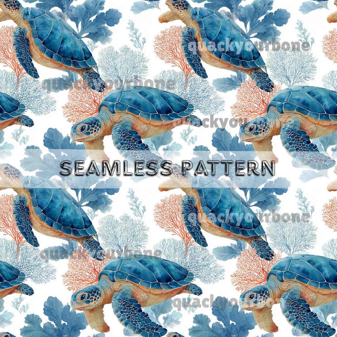 Sea Turtle With Coral Seamless Pattern - Animal Repeat Tile for Fabric ...