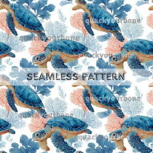 May include: Seamless pattern featuring watercolor sea turtles in shades of blue and tan, with coral and seaweed accents. The text "SEAMLESS PATTERN" is displayed across the image.
