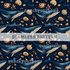 May include: Seamless pattern featuring blue whales, seashells, and foliage on a dark blue background. The design includes the text "SEAMLESS PATTERN". The artwork has a watercolor style.