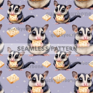 Op de afbeelding: Naadloos patroon met schattige suikereekhoorns die crackers vasthouden op een lavendelkleurige achtergrond. De suikereekhoorns hebben zwart-witte vacht en grote ogen. De tekst "SEAMLESS PATTERN" is afgebeeld.