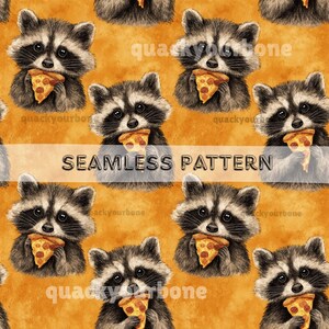 Könnte beinhalten: Nahtloses Muster mit mehreren Waschbären, die Pizzastücke auf orangefarbenem Hintergrund essen. Die Waschbären sind detailliert dargestellt. Der Text "SEAMLESS PATTERN" ist in einem horizontalen Band zu sehen.