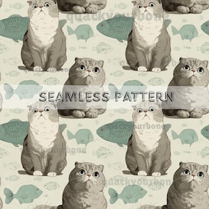 May include: Seamless pattern featuring cartoon cats and fish in shades of gray, white, and teal. The cats have a surprised expression. The words "SEAMLESS PATTERN" are in the center of the image.