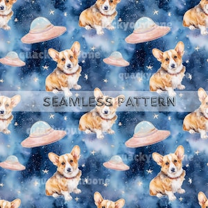 Può includere: Motivo senza cuciture con illustrazioni ad acquerello di cani Corgi, UFO e stelle su sfondo blu scuro. Il design include il testo "SEAMLESS PATTERN". Gli UFO sono rosa e blu.