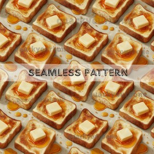 Puede incluir: Un patrón sin costuras con rebanadas de pan tostado con mantequilla derretida y miel. El texto "SEAMLESS PATTERN" se muestra en la imagen. La tostada es dorada y la mantequilla tiene forma cuadrada.