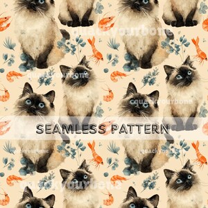 May include: A seamless pattern design with watercolour illustrations of Siamese cats, orange prawns, and blue floral elements on a cream backdrop. The words "SEAMLESS PATTERN" are visible.