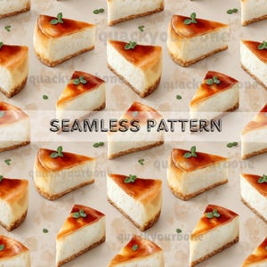 Può includere: Motivo senza cuciture con fette di cheesecake con glassa dorata e menta. Il testo "SEAMLESS PATTERN" è incluso. Lo sfondo è beige chiaro.