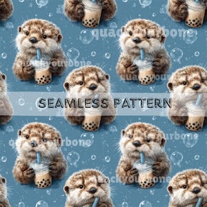 May include: Seamless pattern featuring adorable otters with brown fur, each holding a bubble tea with a blue straw. The background is a light blue with bubbles. The text "SEAMLESS PATTERN" is across the center.