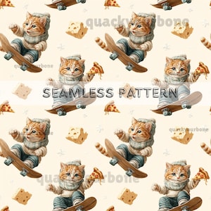 Wzór z kotem na deskorolce – powtarzający się wzór zwierzęcy do nadruku na tkaninie, papierze do pakowania, opakowaniach i projektach DIY (pliki do pobrania w wersji cyfrowej)