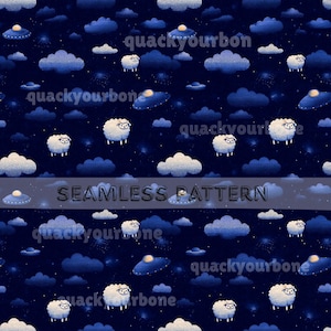 Schapen met ufo (1) Naadloos patroon: dier in de ruimte, tegel herhalen voor stoffenprint, digitaal, kinderkamer DIY behang, sublimatie
