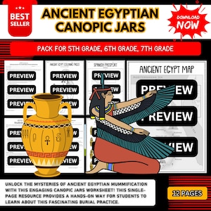 Puede incluir: Recurso educativo sobre los vasos canopos del Antiguo Egipto. Incluye una jarra amarilla con jeroglíficos, un dibujo de una figura egipcia y páginas de vista previa. El texto incluye "Más vendido", "Descargar ahora" y "Paquete para 5º, 6º, 7º grado."