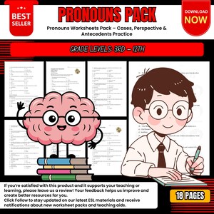 Könnte beinhalten: Ein digitales Download-Produkt mit dem Titel "PRONOUNS PACK" mit Arbeitsblättern für die Klassen 3-12. Das Bild zeigt ein Cartoon-Gehirn, einen Schüler und den Text "18 PAGES". Enthält den Text "BEST SELLER" und "DOWNLOAD NOW".