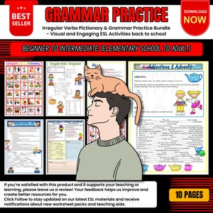 Könnte beinhalten: Ein Bundle mit ESL-Grammatikübungen für Anfänger bis Fortgeschrittene. Das Bild zeigt eine Cartoon-Illustration einer Person mit einer Katze auf dem Kopf, umgeben von verschiedenen Grammatikübungen. Der Text lautet "Grammatikübung" und "Bestseller".