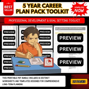 Puede incluir: Ilustración digital de un kit de herramientas de plan de carrera. La imagen presenta una caricatura de una persona trabajando en un plan de carrera, con el texto "5 Year Career Plan Pack Toolkit" y "Professional Development & Goal Setting Toolkit".