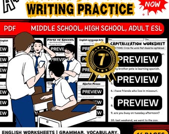 Engelse werkbladen voor groep 7: grammatica, lezen en schrijven (digitale download)