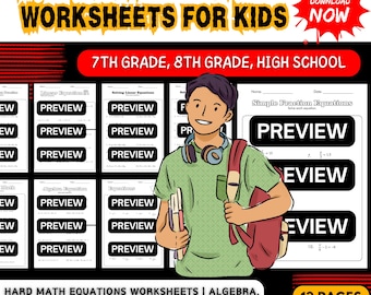 Hojas de trabajo de ecuaciones matemáticas difíciles: práctica de álgebra, ecuaciones cuadráticas y logarítmicas (descarga digital)