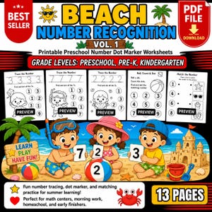 Beach Number Recognition Vol. 1 – Printable Preschool Number Dot Marker Worksheets back to school activities
