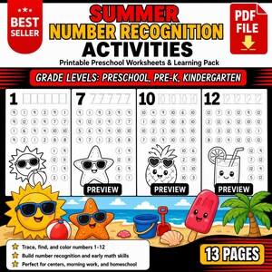 May include: A digital printable PDF file titled Summer Number Recognition Activities for preschool and kindergarten. The document features four worksheets with number tracing, circle-the-number tasks, and summer-themed illustrations like a sun, starfish, pineapple, and drink.