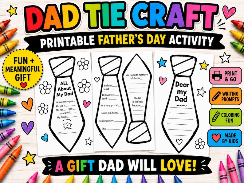Printable Father’s Day Craft Color & Writing Tie Template Cards for