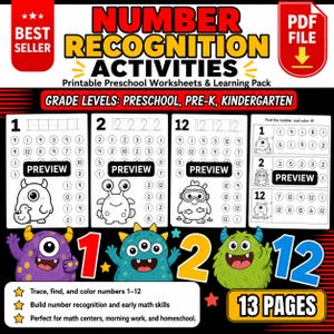 May include: A digital PDF learning pack titled Number Recognition Activities for preschool, pre-K, and kindergarten. The set includes 13 pages of printable worksheets featuring number tracing, identification, and coloring tasks with monster illustrations.