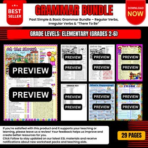 Op de afbeelding: Een grammatica bundel voor basisschoolniveaus (2-6) met werkbladen over de verleden tijd, regelmatige en onregelmatige werkwoorden en "there to be". De afbeelding toont voorbeelden van verschillende pagina's, inclusief antwoordsleutels en activiteiten.