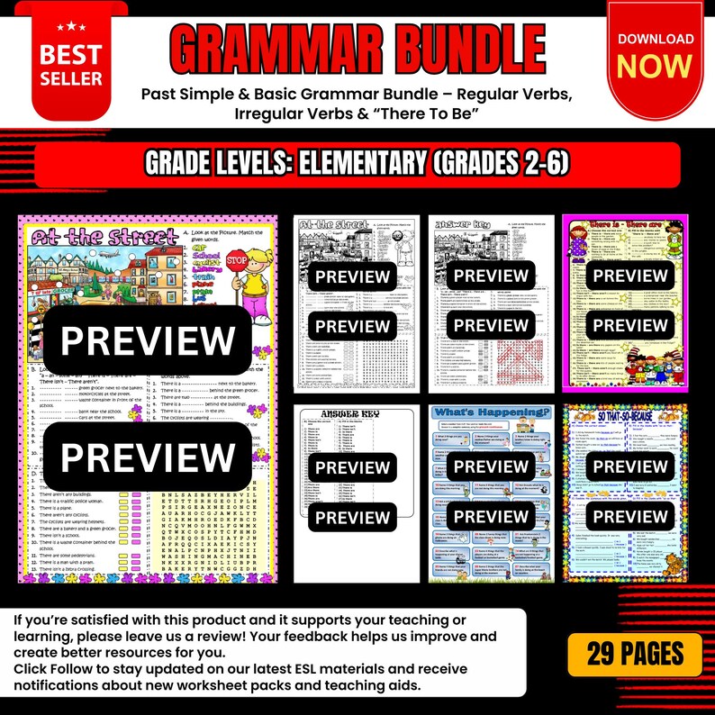 Op de afbeelding: Een grammatica bundel voor basisschoolniveaus (2-6) met werkbladen over de verleden tijd, regelmatige en onregelmatige werkwoorden en "there to be". De afbeelding toont voorbeelden van verschillende pagina's, inclusief antwoordsleutels en activiteiten.