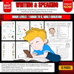 May include: A colorful educational worksheet pack for ESL learners, featuring the text "WRITING & SPEAKING" and "GRADE LEVELS: 1 GRADE TO 6, ADULT EDUCATION." The image includes a cartoon illustration of a child reading and worksheets.