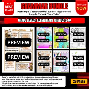 Op de afbeelding: Een grammatica bundel voor de basisschool (2-6) met werkbladen over de verleden tijd, regelmatige en onregelmatige werkwoorden en "there to be". De afbeelding toont een verzameling kleurrijke pagina's met het woord "PREVIEW". De bundel bevat 29 pagina's.