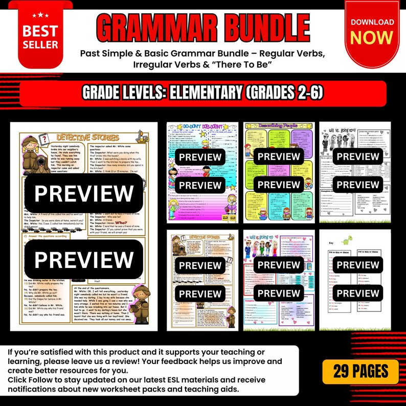 Op de afbeelding: Een grammatica bundel voor de basisschool (2-6) met werkbladen over de verleden tijd, regelmatige en onregelmatige werkwoorden en "there to be". De afbeelding toont een verzameling kleurrijke pagina's met het woord "PREVIEW". De bundel bevat 29 pagina's.