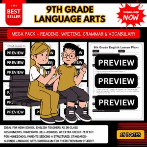 Op de afbeelding: Een digitale download voor 9e klas Taal, met een megapakket voor lezen, schrijven, grammatica en woordenschat. De afbeelding toont leerlingen, voorbeelden van lesplannen en de tekst "Best Seller" en "Download Now".