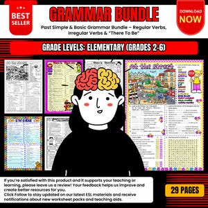 May include: A grammar bundle for elementary grades (2-6) with worksheets on past simple, regular and irregular verbs, and "there to be." The image includes a cartoon illustration of a brain and the text "Grammar Bundle."