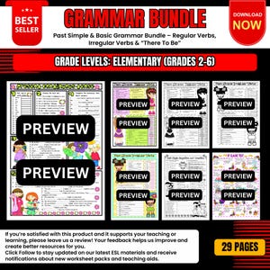 Op de afbeelding: Een Grammar Bundle voor de basisschool (2-6) met werkbladen over de verleden tijd, regelmatige en onregelmatige werkwoorden en "there to be". Bevat "Preview" labels op de werkbladen. De afbeelding bevat ook de tekst "Best Seller" en "Download Now".